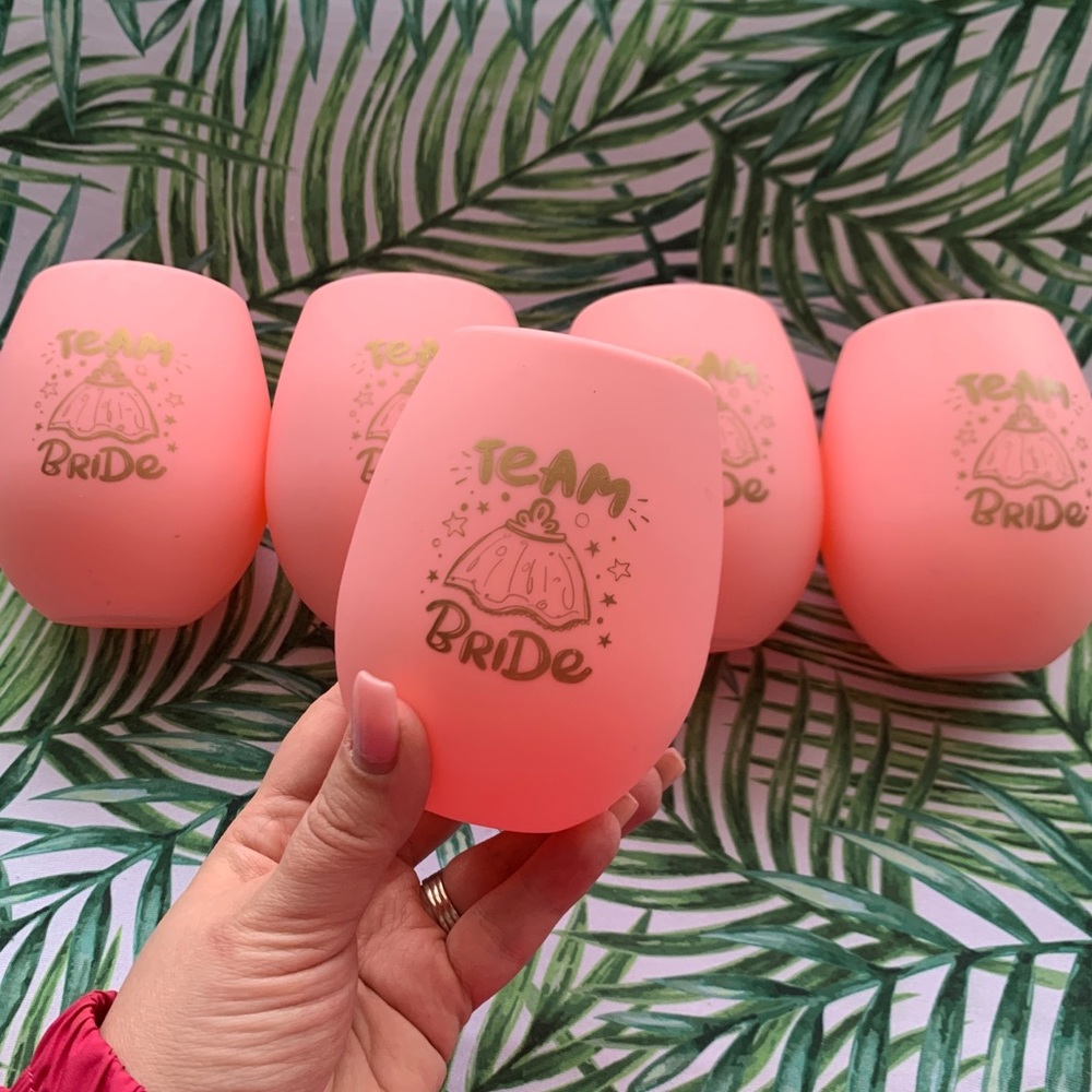 Set of 5 “Team Bride” Pink Silicone Wine Glasses
